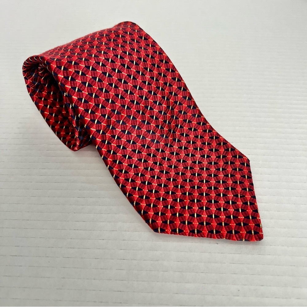 IKE BEHAR NY Silk Necktie 59” Geometric Red Navy Blue Power Tie Workwear